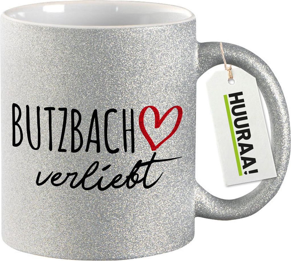 Huuraa Glitzertasse Butzbach verliebt 330ml Silber Keramik Kaffeebecher Geschenkidee