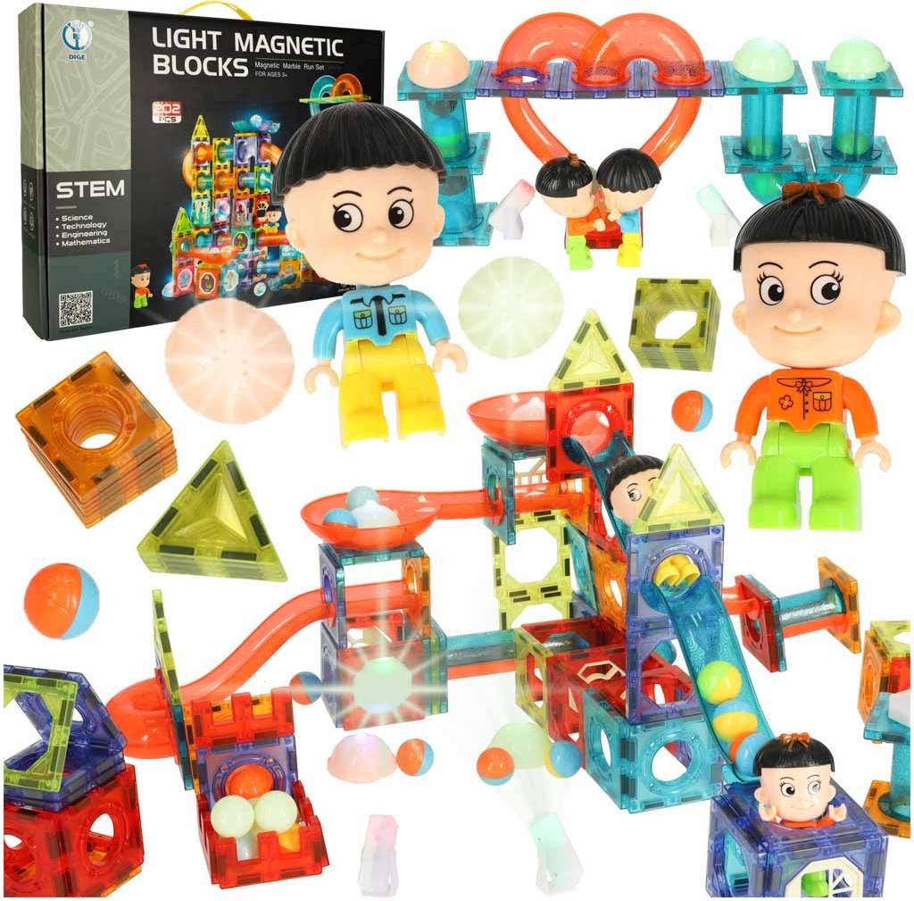 A colorful magnetic building block set with figures and a ball track, displayed on a white background.