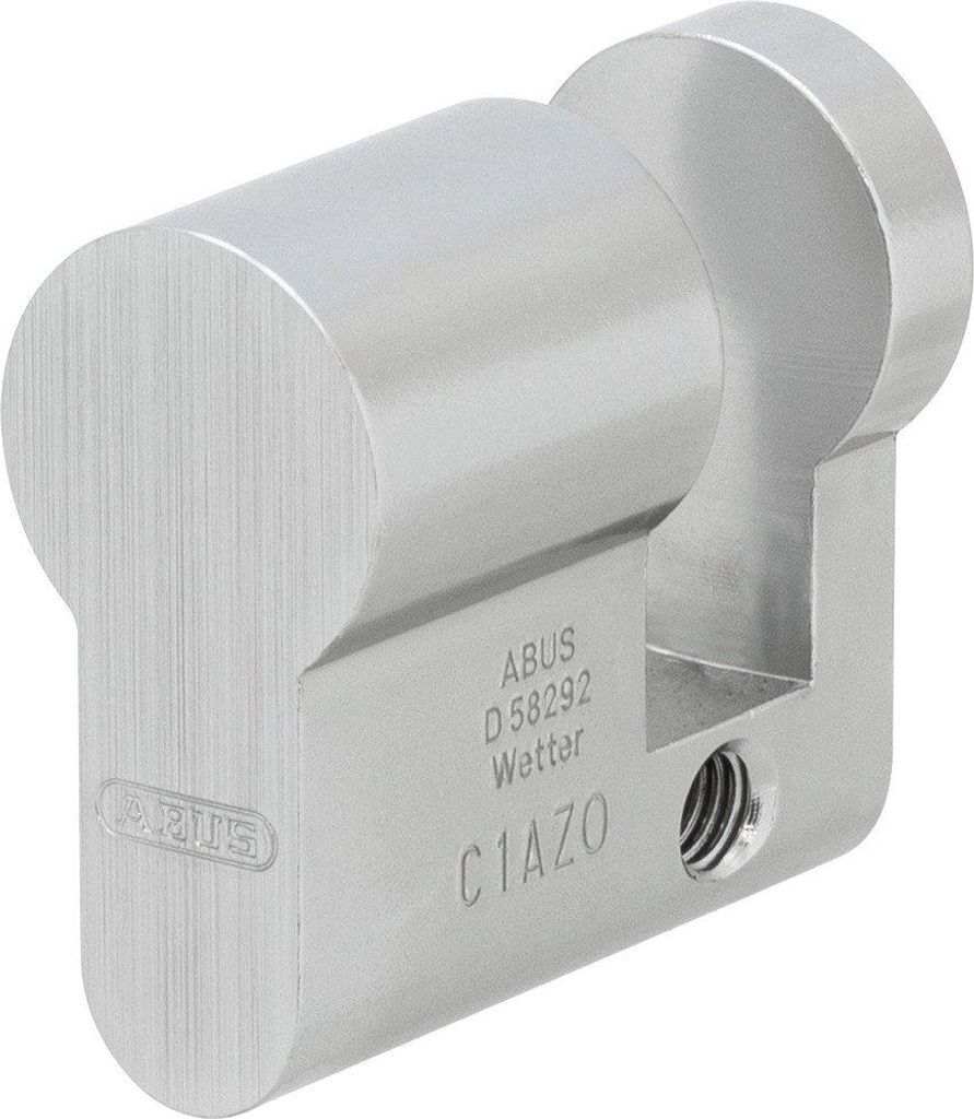 A close-up studio shot of a silver-colored lock cylinder.