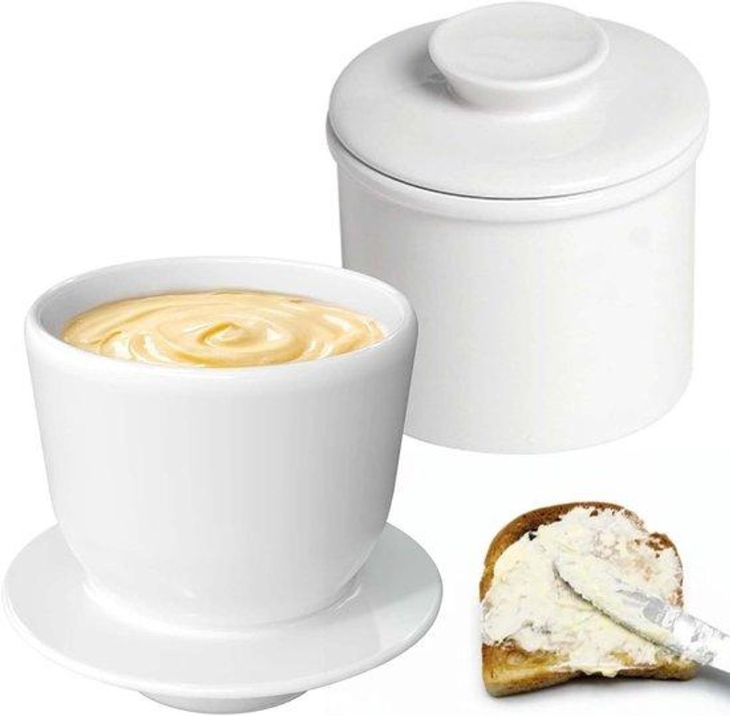 Keramische Franse stijl botervloot met witte smeerbare boter, watergekoeld, waterlijn, keramisch.