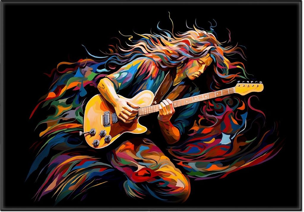 Wallario Wandbild Farbiges Gitarrenspiel, Größe: 70,30 x 100,30 cm, Poster mit schwarzem Aluminiumrahmen