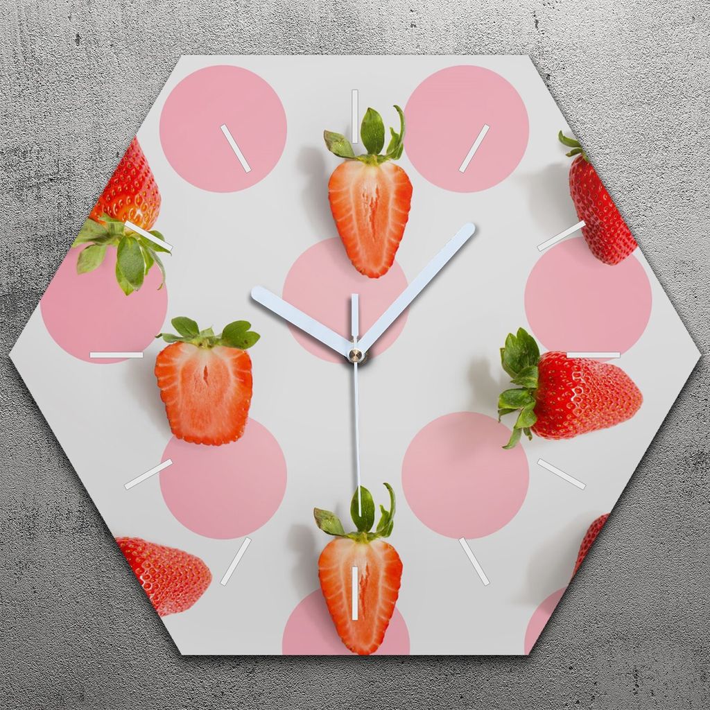 Uhr hexagonal 40 cm Glas Geräuschlos weiße Zeiger - Weiße Früchte
