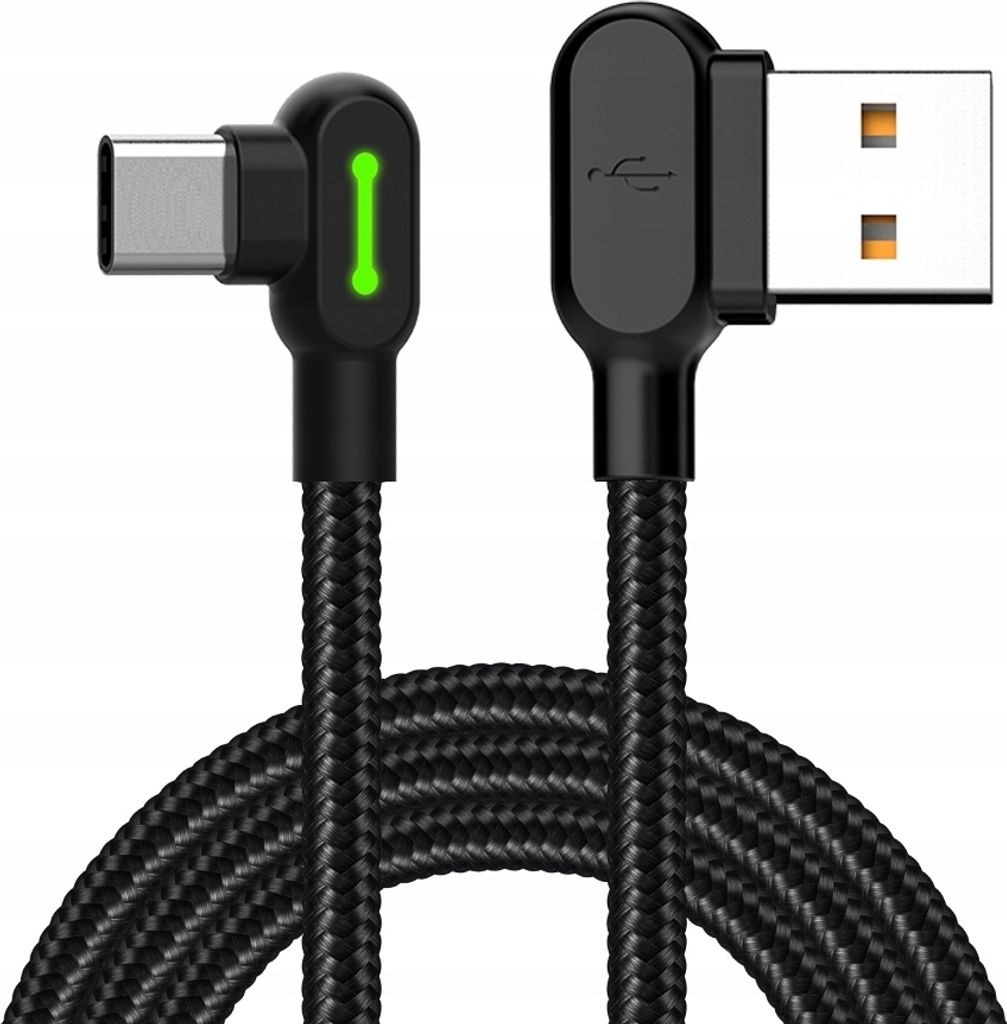 A black USB to Type-C charging cable with a 90-degree angle on both ends, featuring a green LED indicator on the Type-C connector.