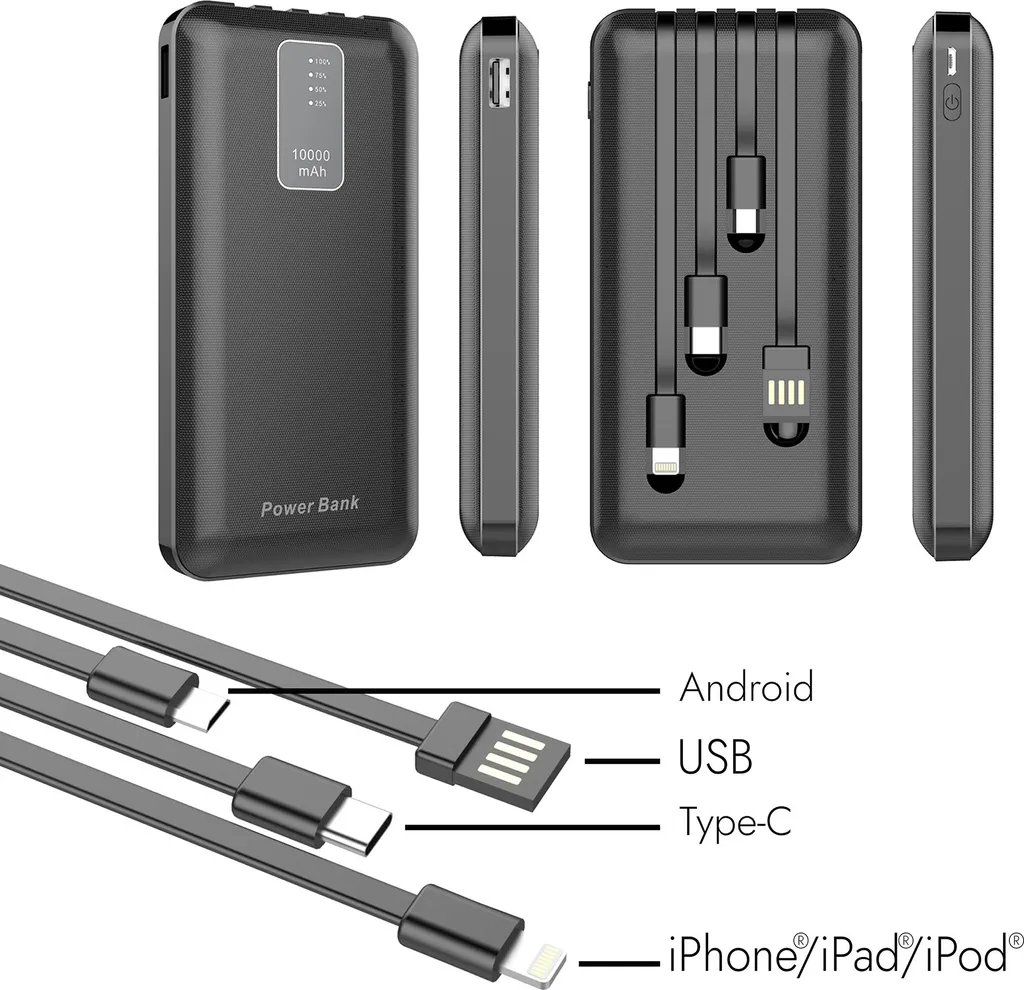 Batterie de Secours 10000 mAh 4 en 1 - Oubliez les Câbles Encombrants