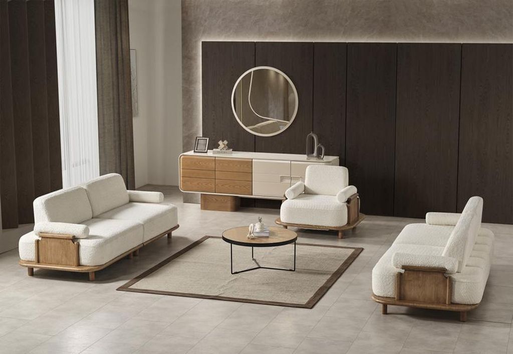 Wohnzimmer Set Sofa 3-Sitzer Sessel Konsole Spiegel Weiß Stoff Glas Modern