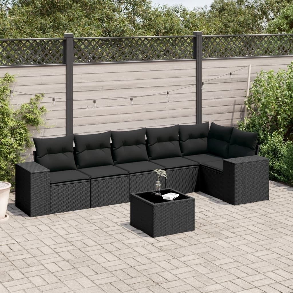 7-tlg. Garten-Sofagarnitur mit Kissen Schwarz Poly Rattan 3222594