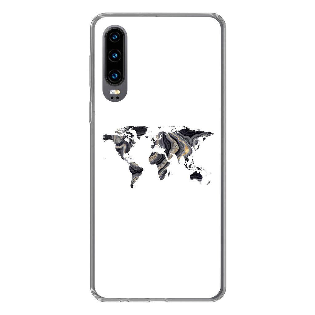 MuchoWow Handyhülle Schutzhülle Hülle für Huawei P30 Weltkarte - Gold - Linie Silikon Softcase Handy Hülle - Kartenbesitzer