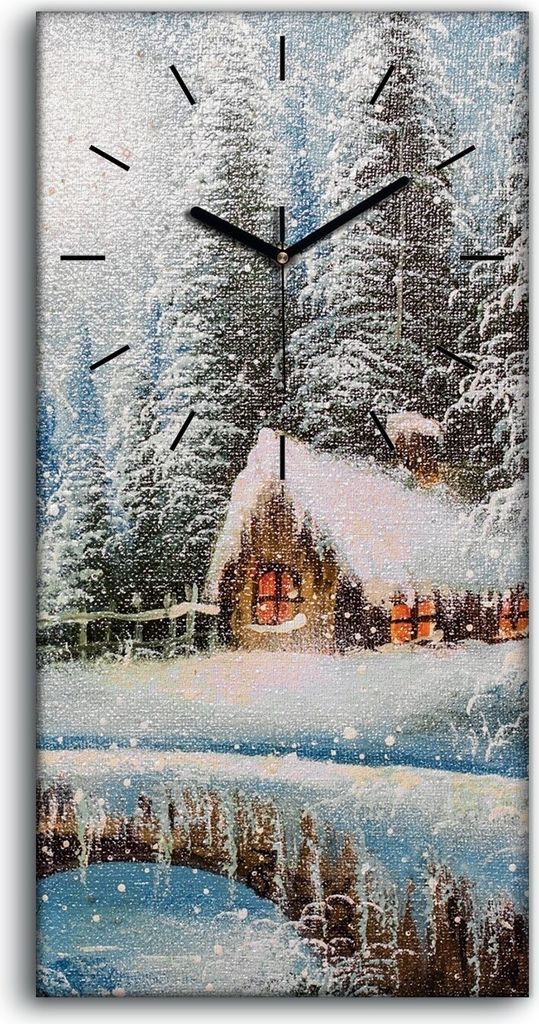 Wandkunst Leinwand Bild Uhr 30x60 Malerei Winter Schnee Wald Bäume Natur - schwarze Hände
