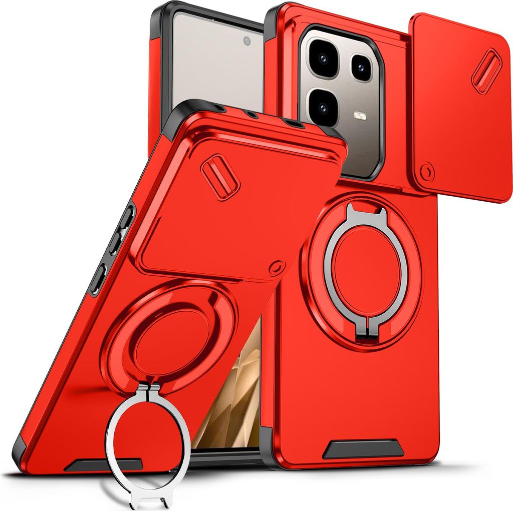 Handyhülle für Infinix Note 50 Pro 4G Dual-Layer Stoßfest Militär Hülle mit Dia Kameraschutz und Magnetisch Ring Ständer Rot