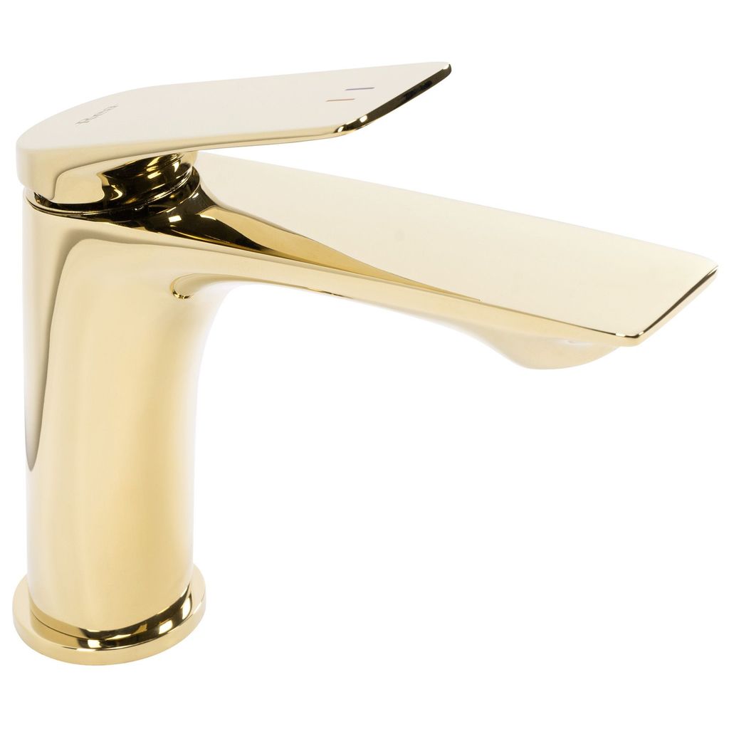 A gold-colored faucet is shown against a white background.