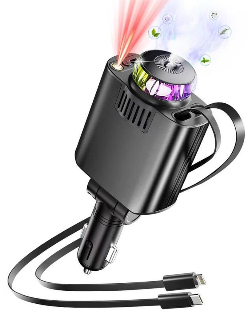5in1 Auto Ladegerät 45W mit Duftfunktion, einziehbares Kabel, LED Sternenhimmel, USB-C KFZ Schnellladeadapter für iPhone und Android