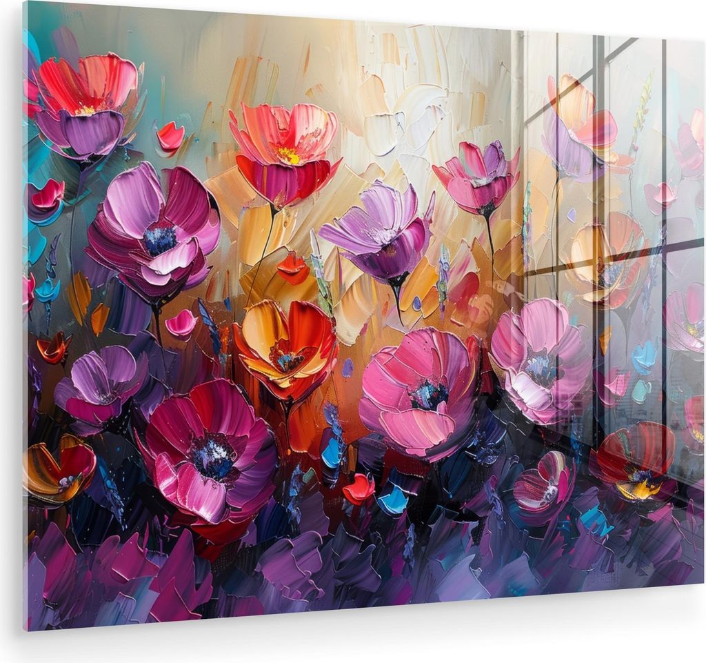 MuchoWow Glasbilder - Bilder auf Wandbild - Foto auf Glas Blumen - Lila - Farbenfroh - Handbemalt - Kunst 80x60 cm Wanddekoration aus Glas - Acrylg...