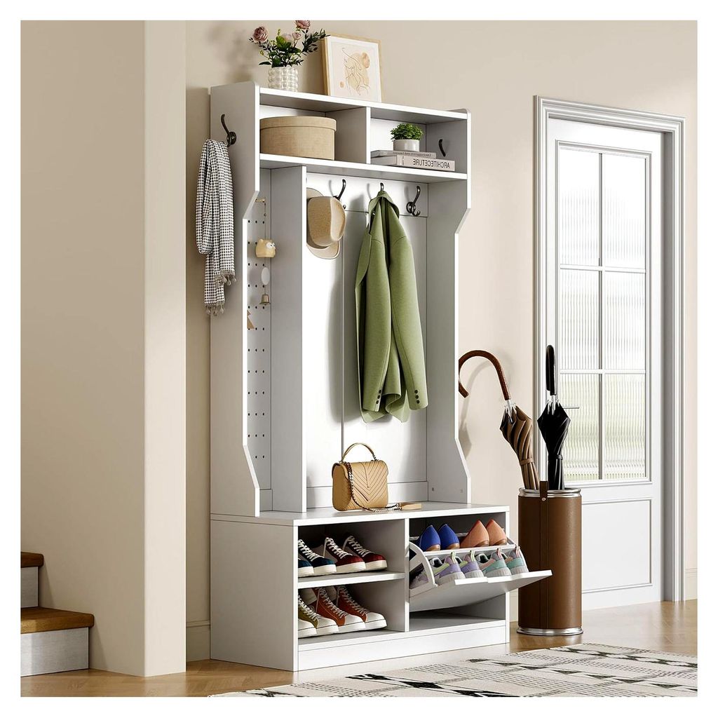 Garderobenset, Komplett-Set Flurgarderobe mit Sitzbank, 6 Haken, 1 Tür & 4 Offene Lagerflächen - Weiß, 100×185,5×40 cm