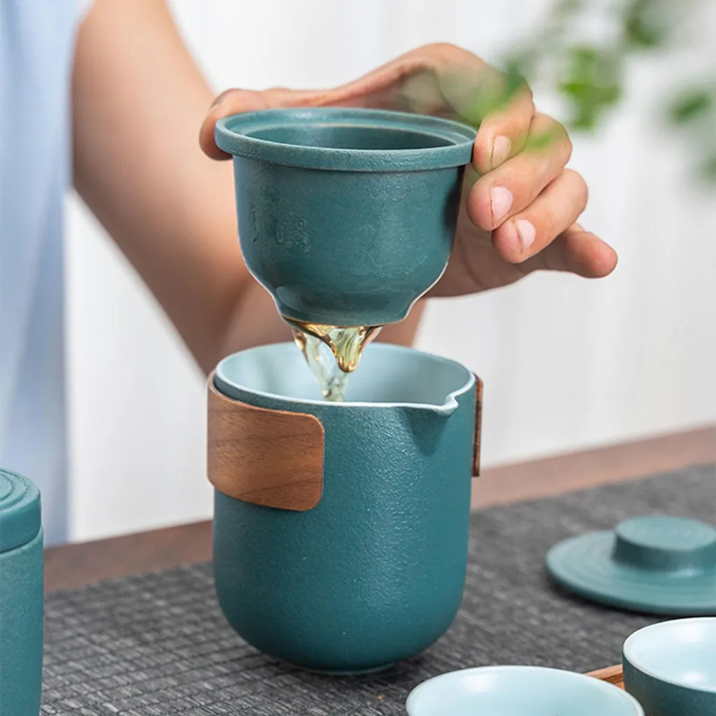 Mini service à thé portable vert, théière et tasses avec étui de voyage