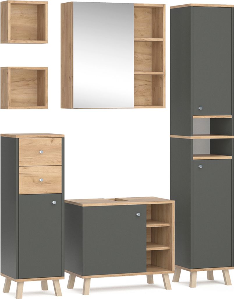 Vicco Badmöbel-Set Senyo, 5 Teile, Anthrazit/Goldkraft Produktbild 