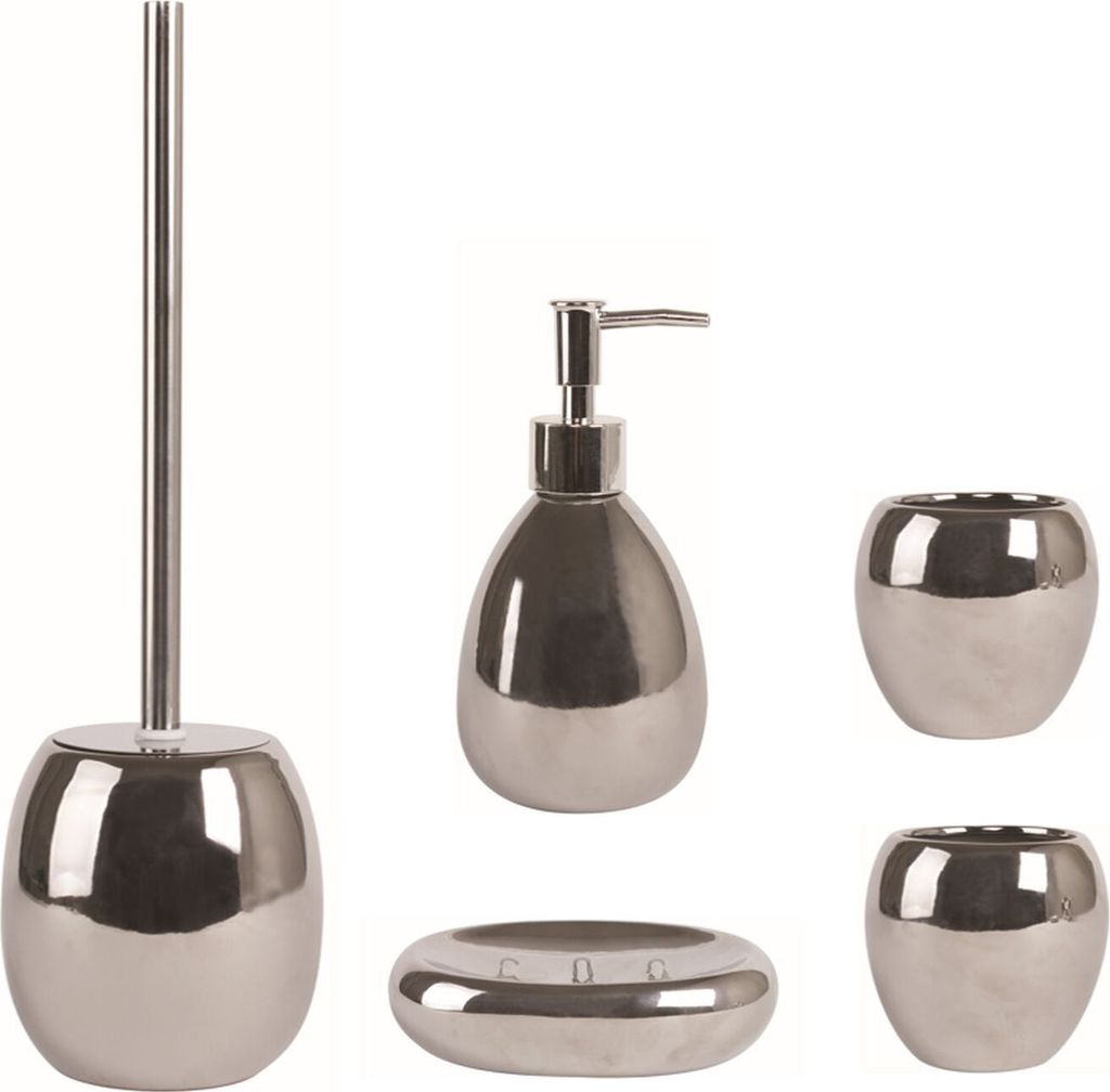 MSV Badezimmer Set, 5-teiliges Badzubehör aus Keramik Dakhla, Seifenspender, WC Bürste, Seifenschale und Zahnputzbecher Silber glänzend