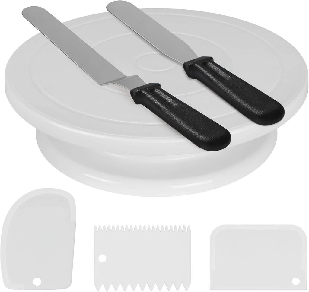 Drehbarer Tortenständer (28 cm Durchmesser) mit 2 Glasurspateln und 3 Glasurglättern, drehbarer Tortenständer, weiß, Backzubehör für Tortende...