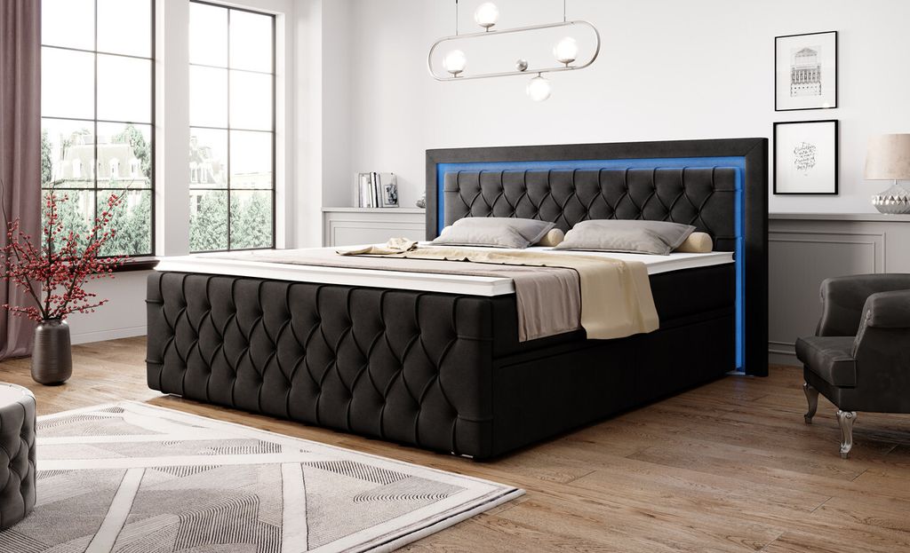 Moebelfest Boxspringbett 180x200 cm mit Bunt LED-Beleuchtung: Polsterbett mit 2 Schubladen, Taschenfederkernmatratze 7 Zonen und Topper (London in ...