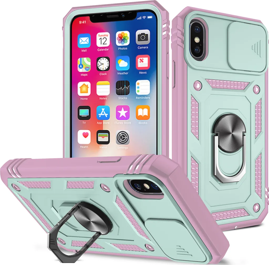 Custodia Protettiva iPhone XS Max con Anello e Porta Carte Rosa Verde