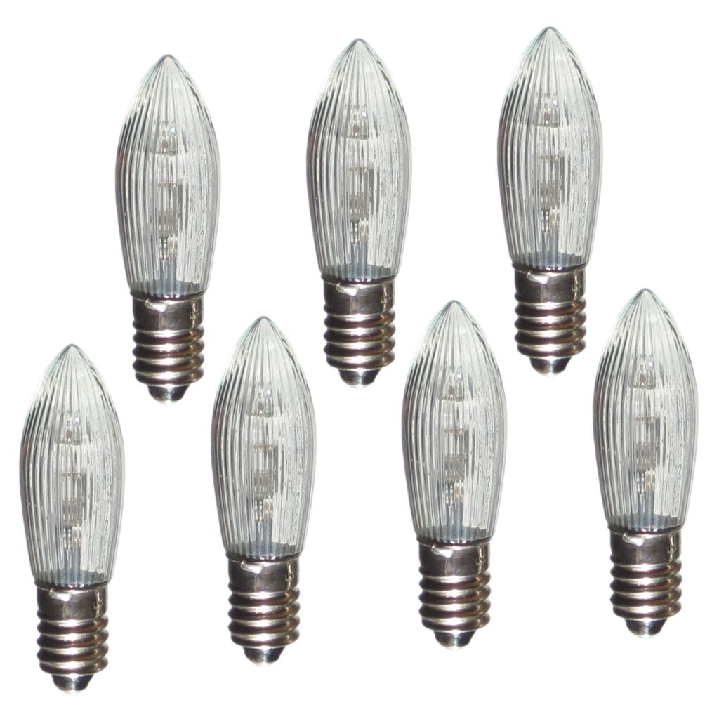 A group of seven clear LED light bulbs with ribbed glass and silver bases are arranged on a white background.
