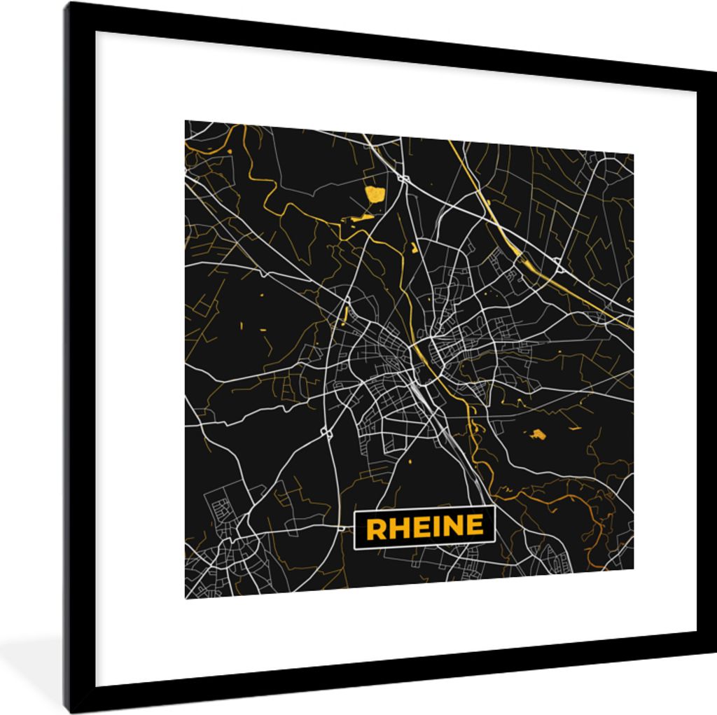 MuchoWow Gerahmtes Poster Stadtplan - Deutschland - Gold - Rheine - Karte 40x40 cm - Poster mit Schwarzem Bilderrahmen Wandposter Rahmen Foto Bil...