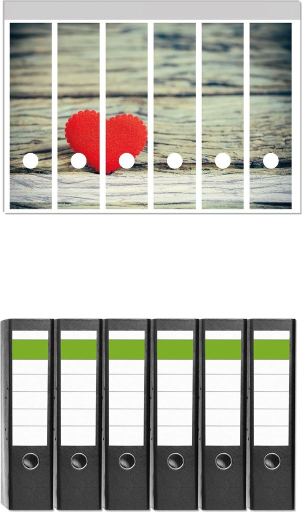 Wallario 6 Stück breite Ordner inkl. Klebeetiketten mit Motive Liebe mein Valentin - Rotes Filzherz auf Holz - Set mit Rückenschildern / Ordnerr...