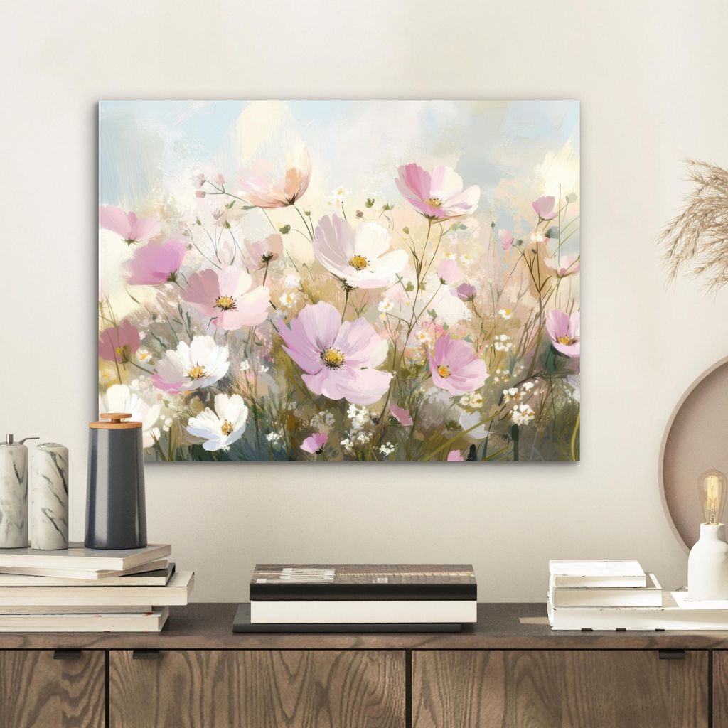 MuchoWow Wanddekoration Metall Metallbild Wandkunst 40x30 cm Blumenfeld - Helle Farbtöne - Gemalt MuchoWow Aluminium Gemälde - Dekoration Wohnzimmer