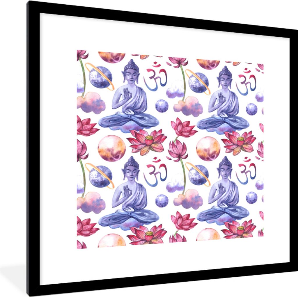 MuchoWow MuchoWow Gerahmtes Poster Buddha - Muster - Blumen 40x40 cm - Poster mit zchwarzem Bilderrahmen - Poster - Plakat im Rahmen