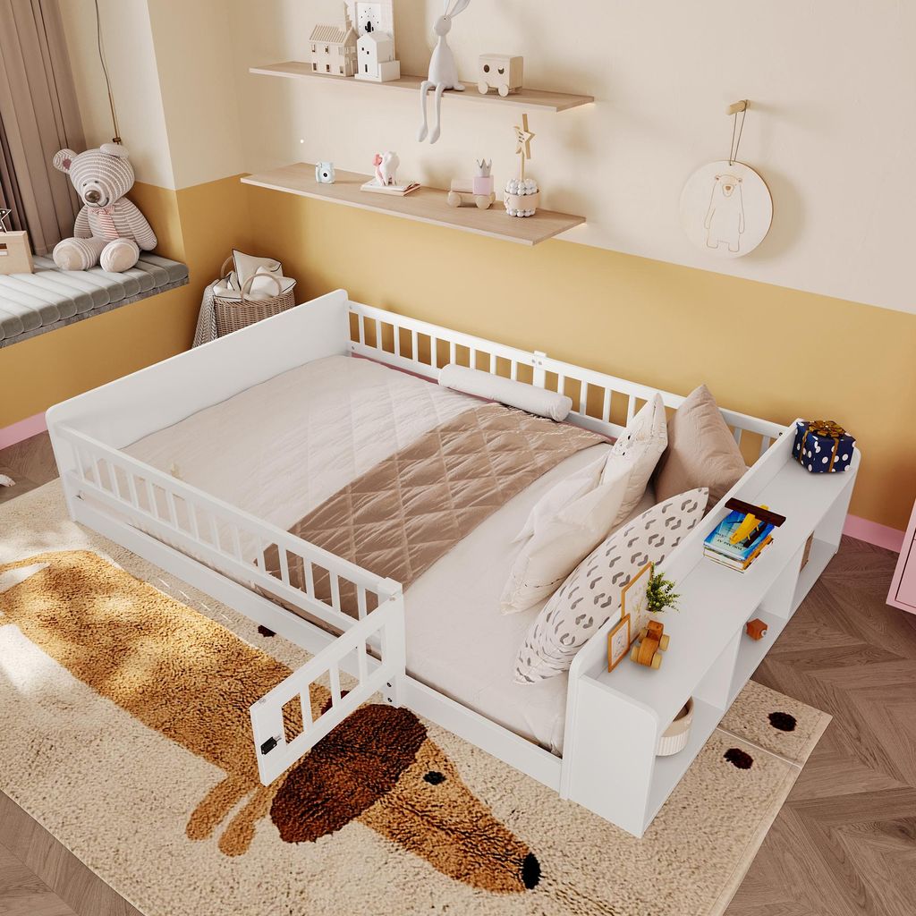 Kinderbett mit Lattenrost und Zaun (140x200 cm) Rausfallschutz, Stauraum, Einzelbett, Holzbett, Kiefer
