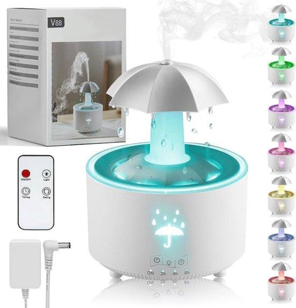300 ml Düsen-Parfüm- Diffusor - Aroma-Diffusor mit 7 Farben LED - Schlafzimmer-Humidifier mit Fernbedienung - Regen-Sounds zum Einschlafen