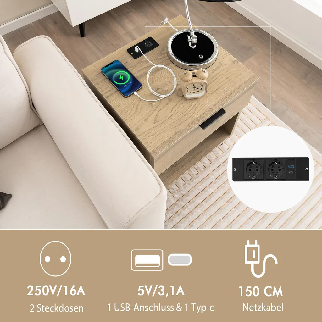 Table de chevet pour chambre moderne avec station de charge USB chêne