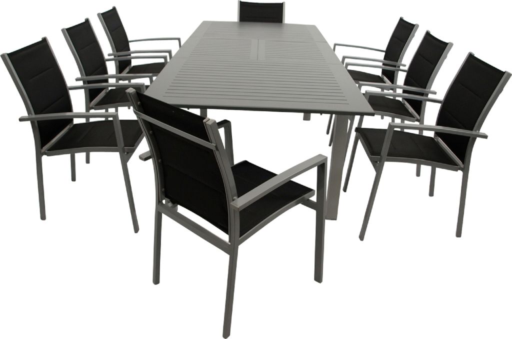TPFGarden GARTEN-GARNITUR Ashford - 9-teilige Garten-Essgruppe (8x Stapelsessel mit Aluminiumgestell, Bespannung Textillehne schwarz, Ausziehtisch ...