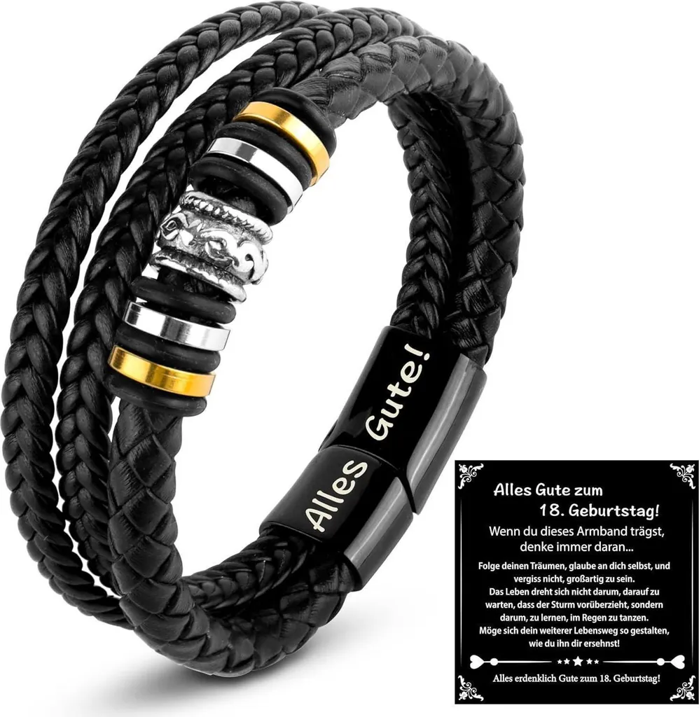 Bracelet cuir noir homme 20cm fermoir magnétique cadeau 18 ans robuste