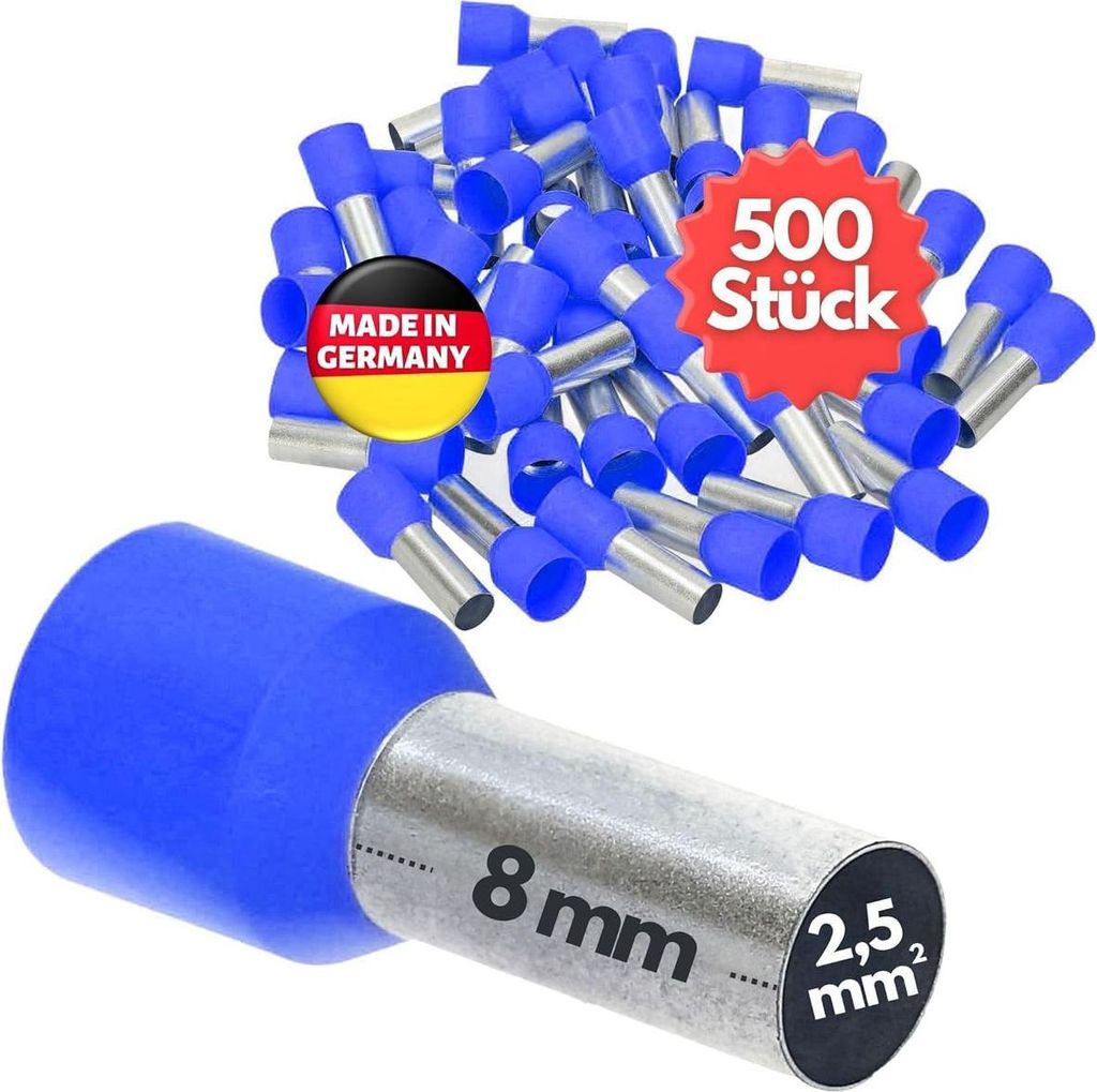 500 Stück Kalitec AE2508BL Aderendhülsen isoliert 2,5mm² 8mm lang blau I Germany I Industriequalität