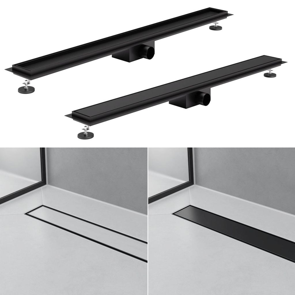 2in1 Duschrinne Schwarz Duschablauf Bodenablauf Abflussrinne Edelstahl Haarsieb befliesbar 90 cm