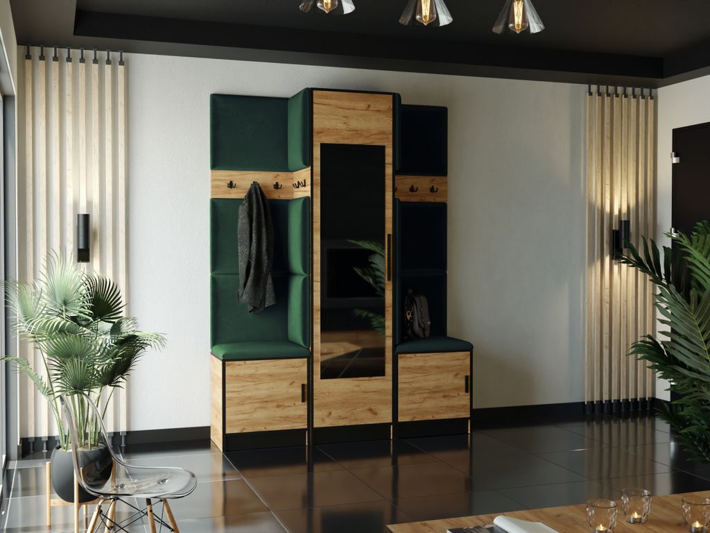 KIER FURNITURE Kleiderschrank, Eiche Craft Golden + Stoff Grün - 159,6x205x39cm