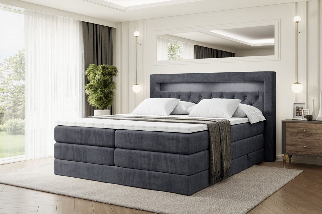 ALTDECOR Boxspringbett mit H3 Matratze-Bonellfederung, H4 Multipocket-Matratze (18 cm hoch) PUR, Topper (4 cm hoch), Polsterbett mit Kopfteil, Bett...