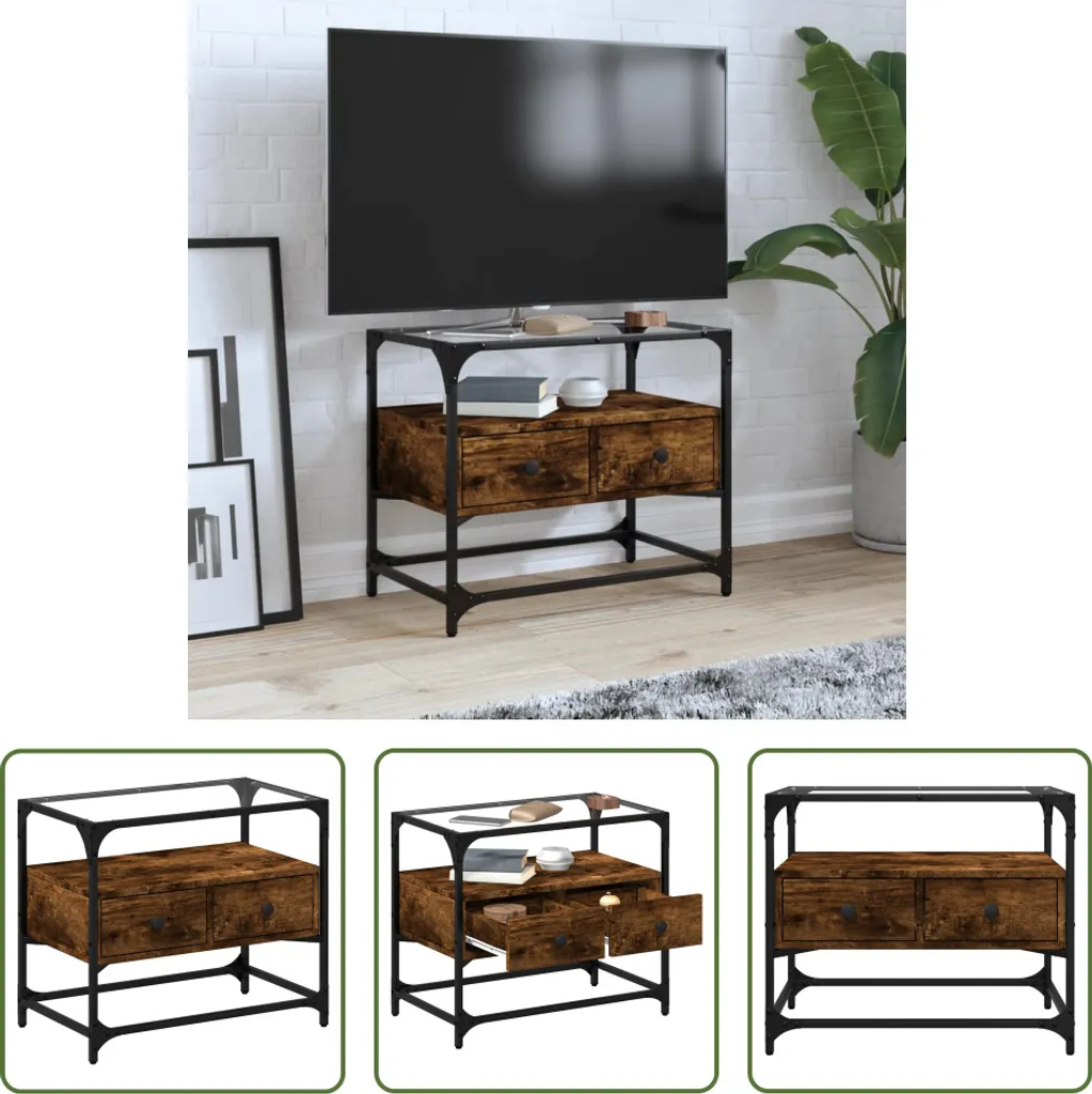 Porta TV Industriale Rovere Fumé The Living Store - 60x35x51 Vetro
