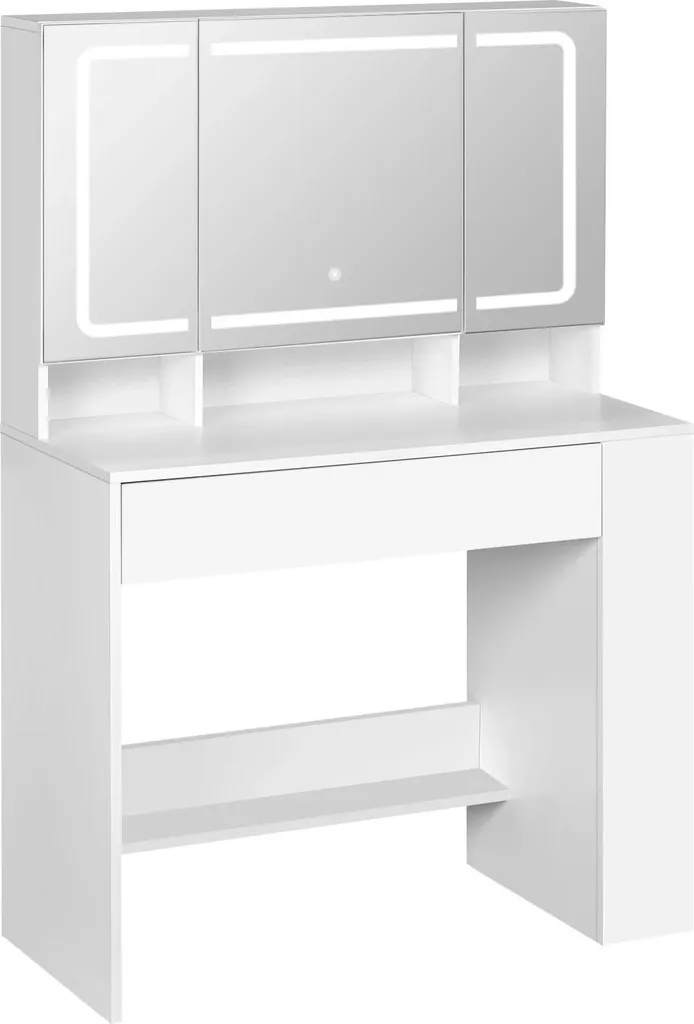 Table de maquillage blanche avec miroir LED réglable et rangement bijoux