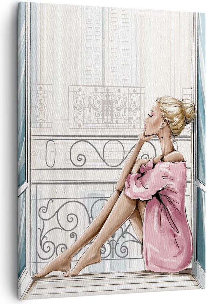 Bild auf Leinwand - Leinwandbild - Einteilig - Frau Balkon Fenster - 50x70cm - Wand Bild - Wanddeko - Wandbilder - Leinwanddruck - Wanddekoration -...