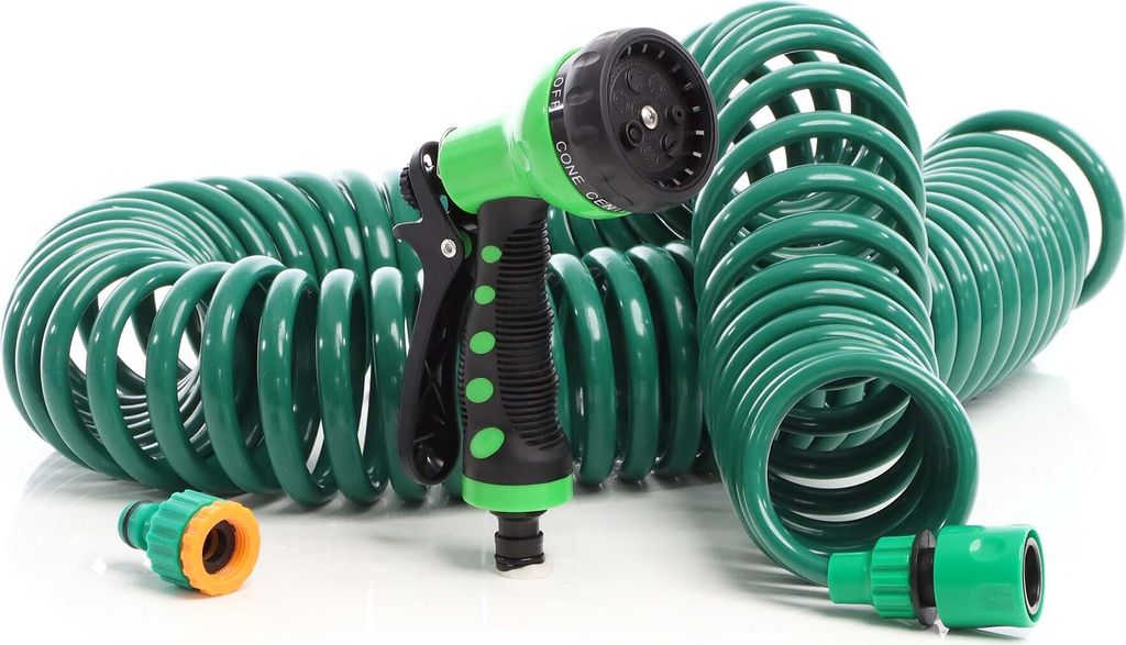Wiltec Gartenschlauch 15m mit 7 Sprühfunktionen, Spiralschlauch, flexibel Bewässerungsschlauch für Haus und Garten