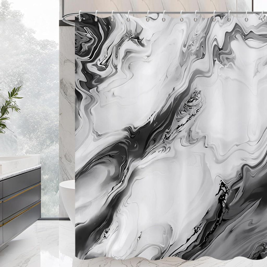 Duschvorhang, 180 x 200 cm, schwarz, modernes abstraktes Kunstmotiv, Aquarell-Marmormuster, wasserdichtes Material, maschinenwaschbarer Badezimmerv...