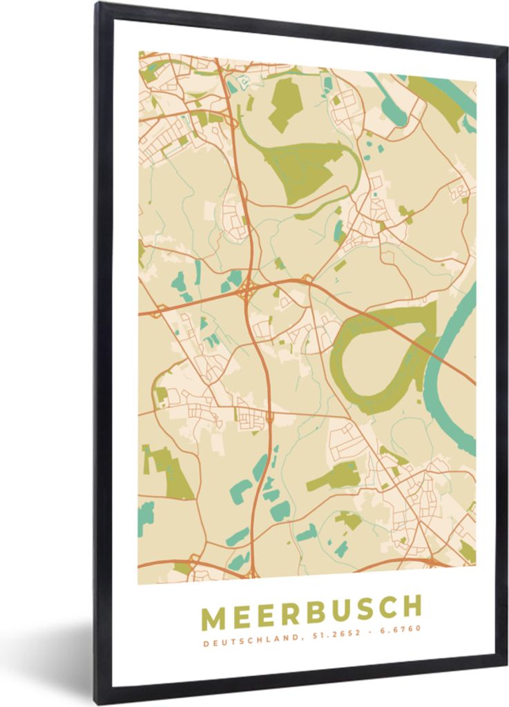 MuchoWow Gerahmtes Poster Meerbusch - Karte - Stadtplan - Vintage 40x60 cm - Poster mit Schwarzem Bilderrahmen Wandposter Rahmen Foto Bilder - Pa...