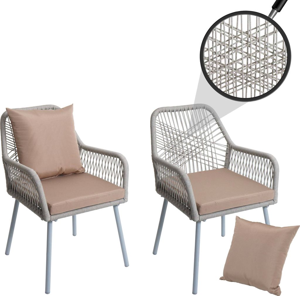 2er-Set Gartenstuhl MCW-O12, Outdoor Sitz-/Rückenpolster Aluminium Seilgeflecht Rope grau, Bezug taupe