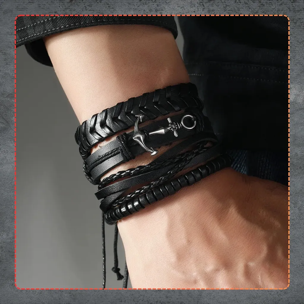 Camerazar Bracciale Uomo Ancora e Pelle Punk | Set 4 Pezzi Nero - 4