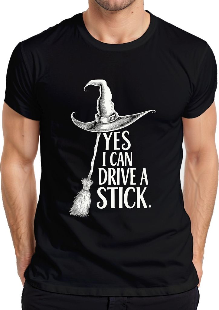 Yes I can drive a stick Hexe Besen Hexenhut lustig Halloween Herren T-Shirt, Schwarz, XL