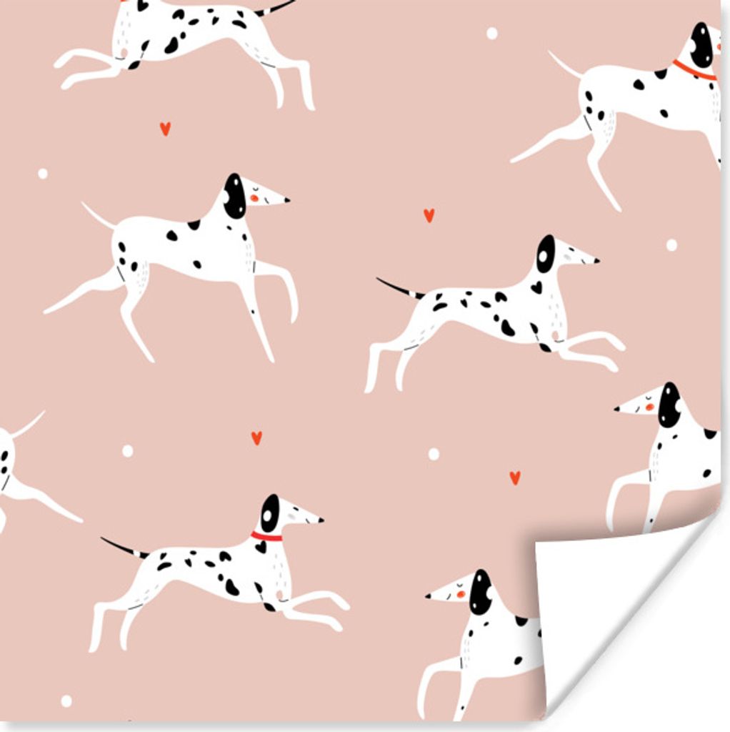 MuchoWow Poster Doggy Illustration mit laufenden Dalmatiner vor einem rosa Hintergrund 50x50 cm - Wohnzimmerdekoration