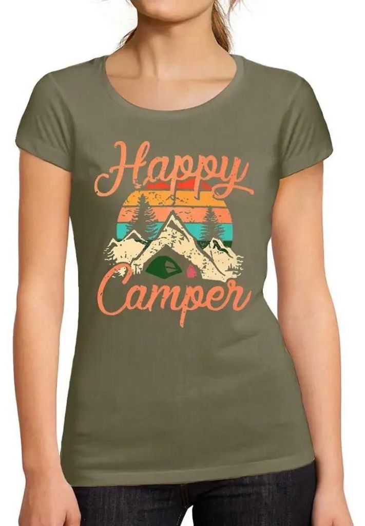 Damen Grafik T-Shirt Glücklicher Camper – Happy Camper – Öko-Verantwortlich Vintage Jahrgang Kurzarm Lustige Druck Geburtstag Geschenk Frau
