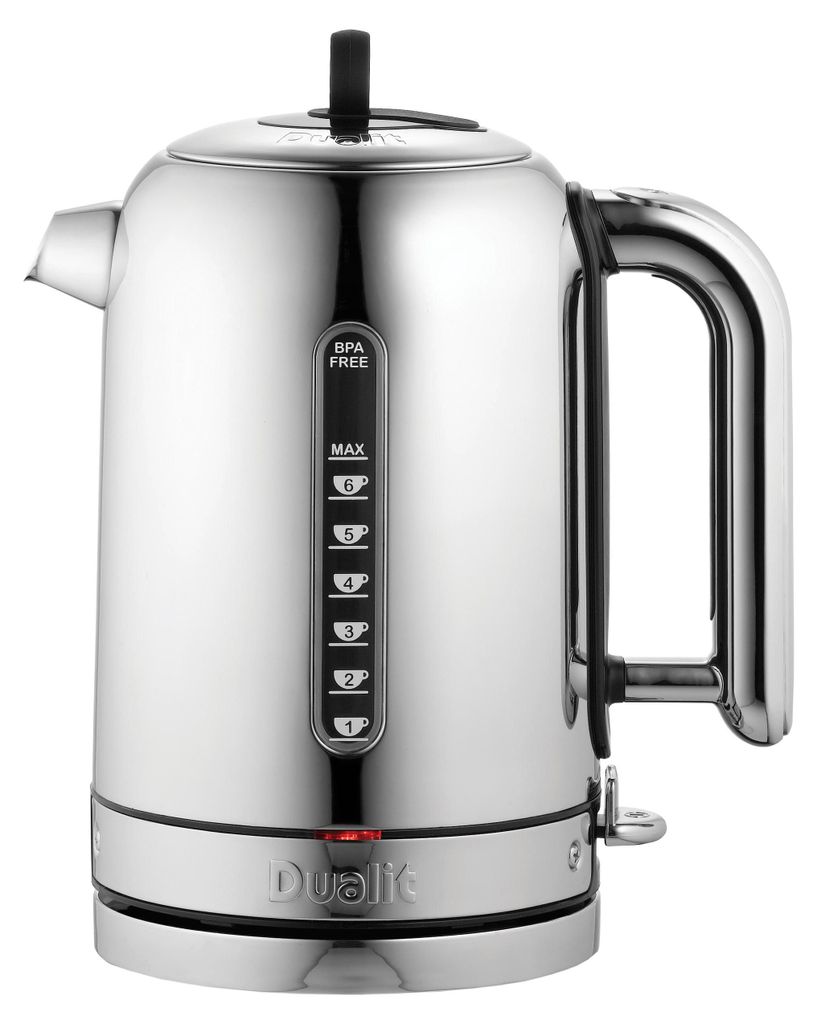A studio shot of a stainless steel electric kettle.