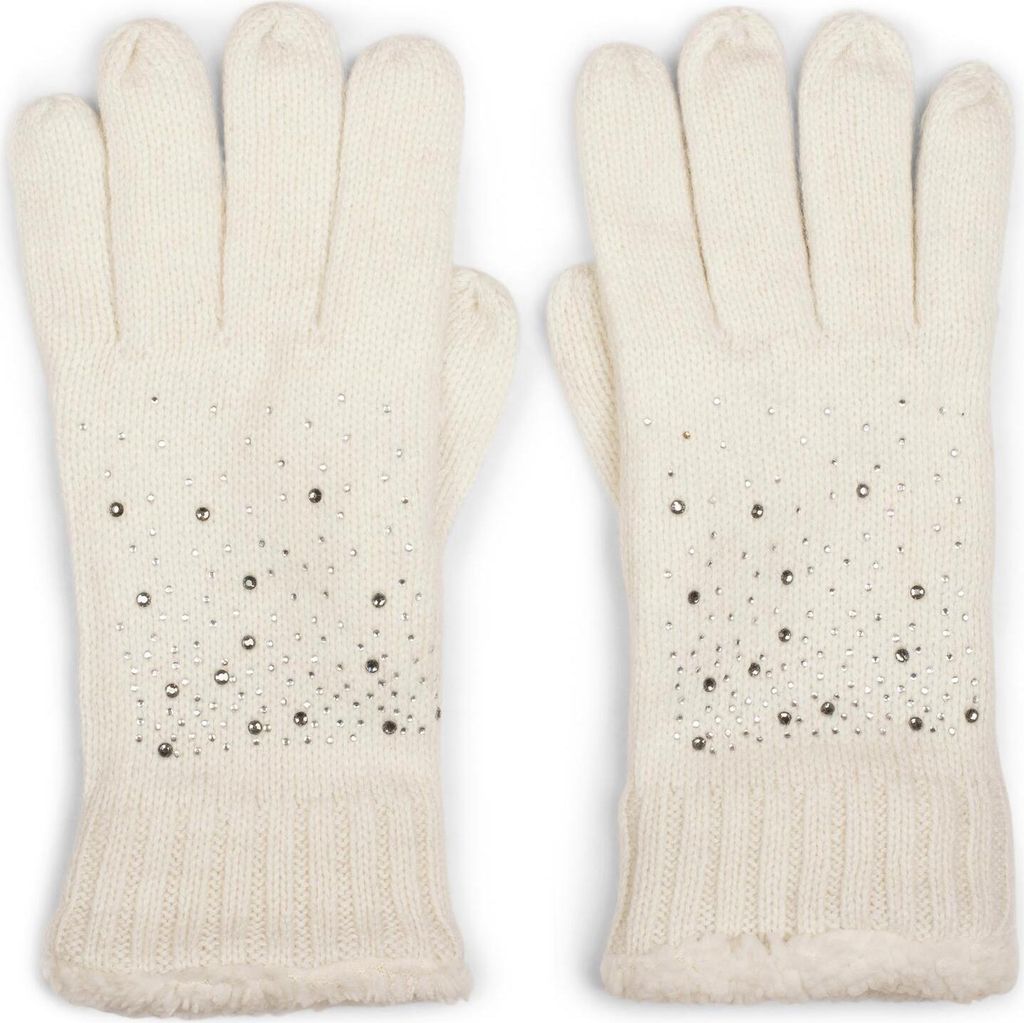 styleBREAKER Damen Strickhandschuhe mit Strass Besatz und Fleece Futter | warme Winterhandschuhe mit Glitzeroptik | weiche Thermo Fingerhandschuhe